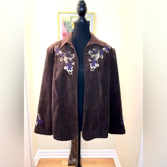 Vintage TanJay Brown embroidered beaded floral corduroy lined open front  jacket - Picture 1 of 8